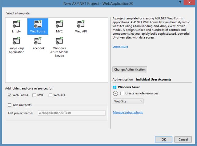 Web Forms Project Template in VS 2013
